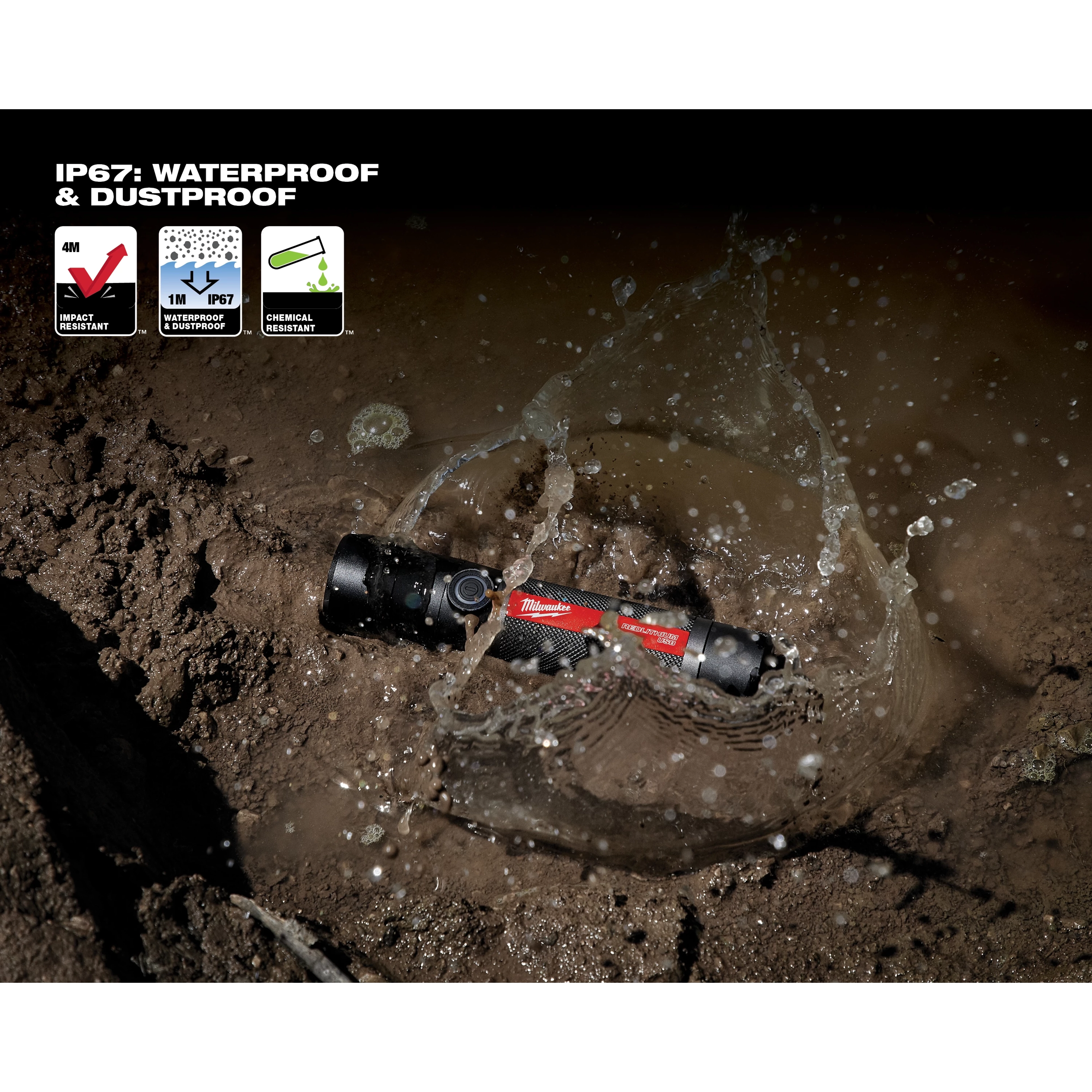 USB Rechargeable 800L Compact Flashlight in muddy water showing its durability features: waterproof, dustproof, and impact-resistant.