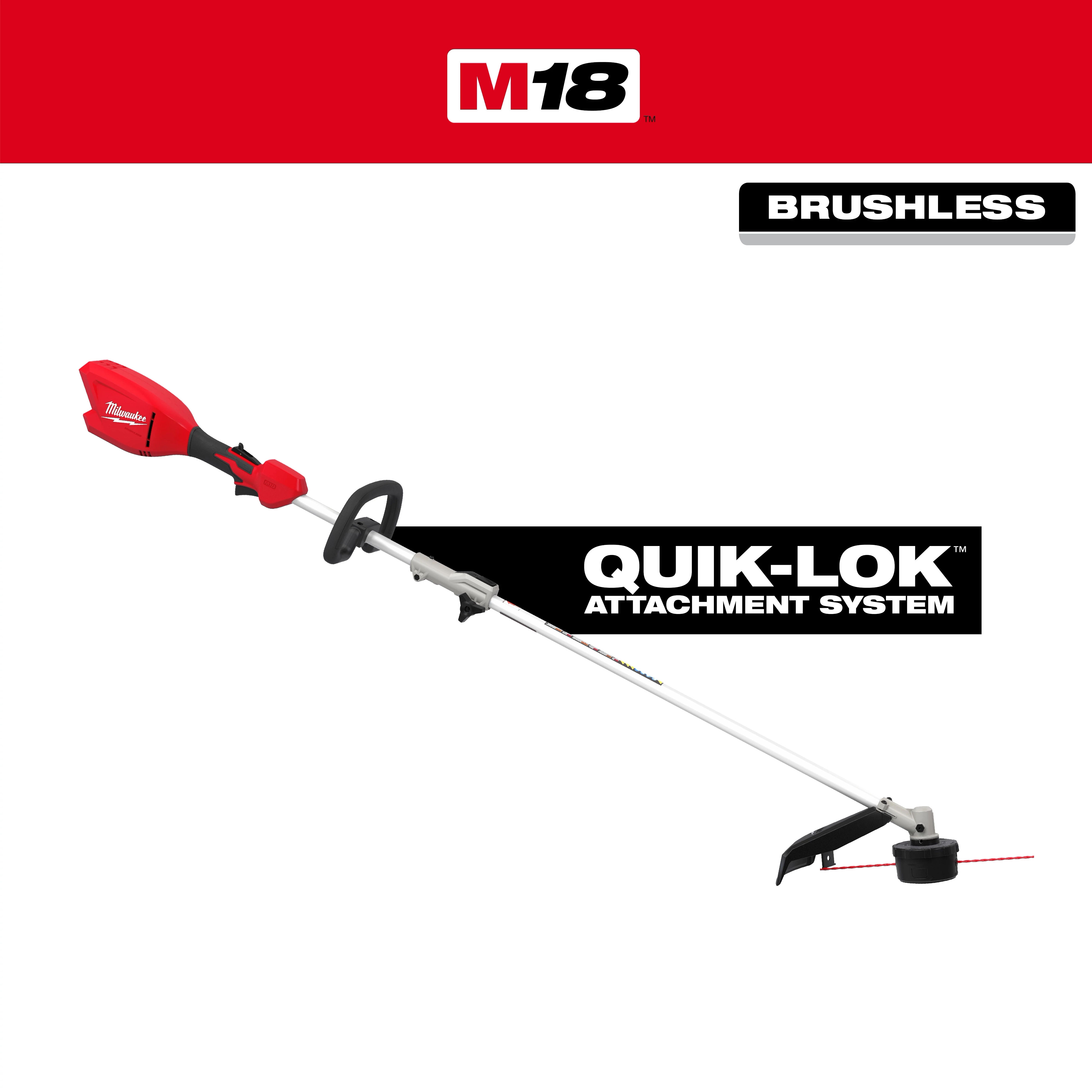 M18 QUIK-LOK Brushless 15” String Trimmer displayed diagonally on a plain background.