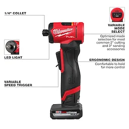 This image shows the M12 FUEL™ 1/4" Right Angle Die Grinder by Milwaukee. It features a 1/4" collet, LED light, variable speed trigger, ergonomic design, and variable mode select optimized for 2" cutting and 3" sanding accessories.