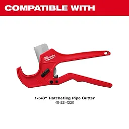 Red 1-5/8" ratcheting pipe cutter with a replacement blade, labeled compatible with model 48-22-4220.