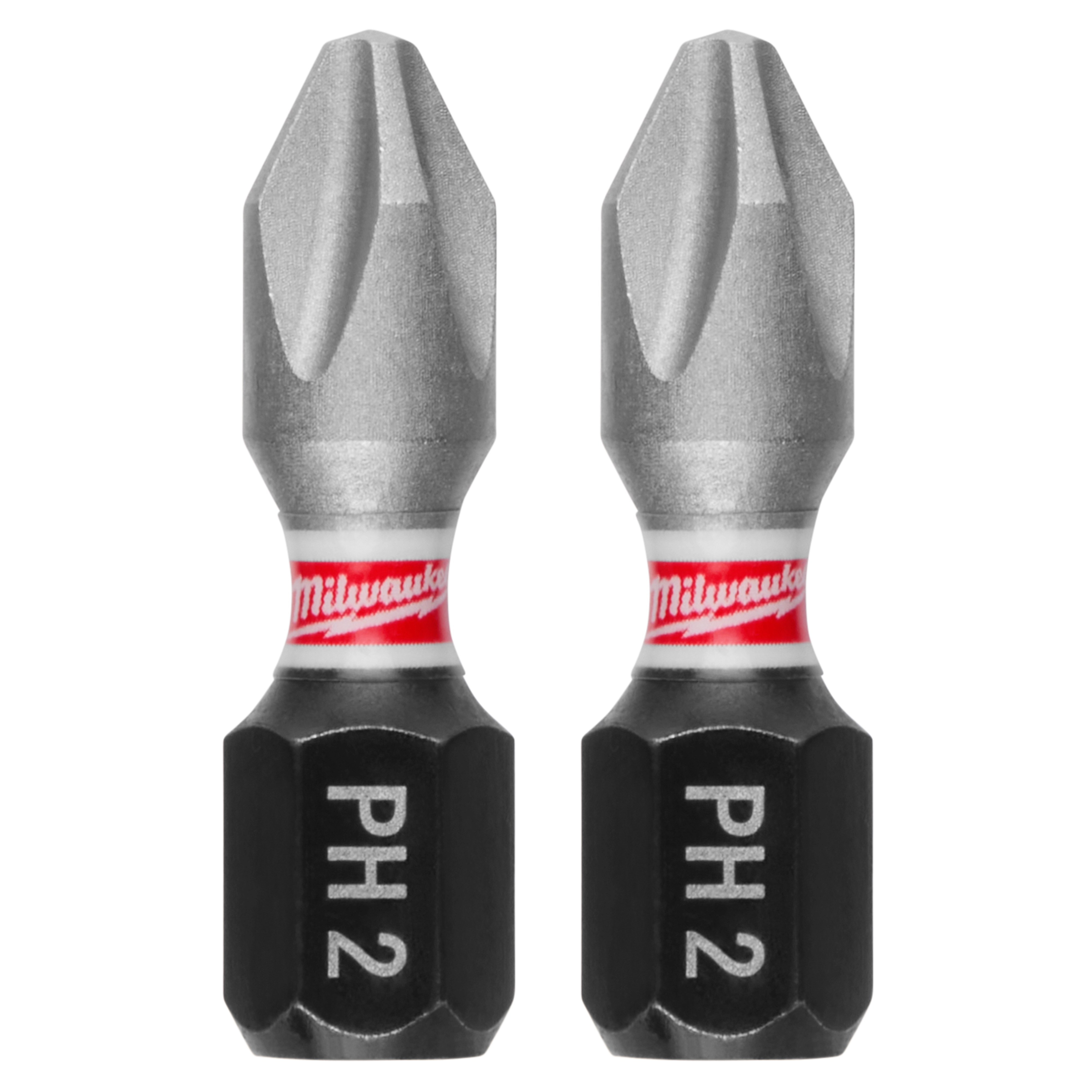 Phillips screwdriver bit with "Milwaukee" branding and "PH2" marking on the black hexagonal base.