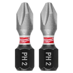 Phillips screwdriver bit with "Milwaukee" branding and "PH2" marking on the black hexagonal base.