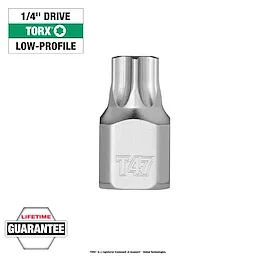 1/4" Drive T47 Low-Profile TORX Bit Socket shown with a lifetime guarantee label. Silver, compact design with T47 marking.