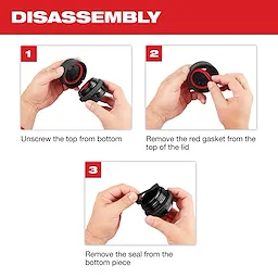 Step-by-step instructions for disassembling the PACKOUT Sip Lid For Insulated Bottles: unscrew the lid, remove the red gasket, then remove the seal.