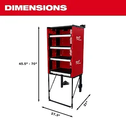 The PACKOUT™ Rack Kit is a red storage unit with adjustable dimensions: height from 45.5" to 70", width of 27.3", and depth of 21". It features multiple shelves for tool organization and displays the Milwaukee PACKOUT™ logo on its side.