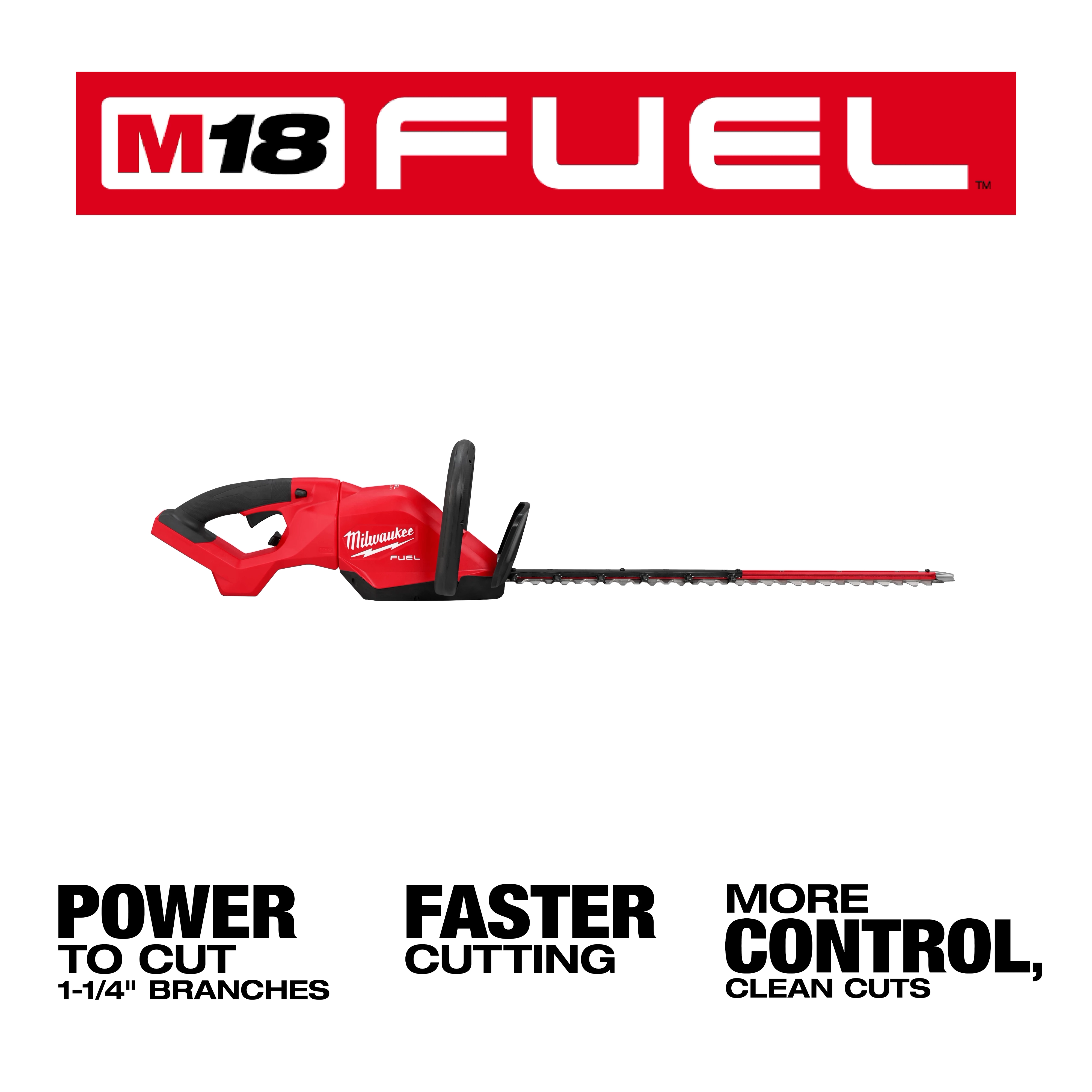 Image of M18 FUEL™ 24" Hedge Trimmer with a red and black design and text highlighting benefits: "Power to cut 1-1/4" branches," "Faster cutting," and "More control, clean cuts." The brand name "Milwaukee" is visible on the tool.