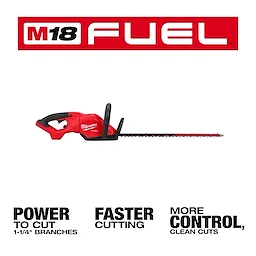 Image of M18 FUEL™ 24" Hedge Trimmer with a red and black design and text highlighting benefits: "Power to cut 1-1/4" branches," "Faster cutting," and "More control, clean cuts." The brand name "Milwaukee" is visible on the tool.