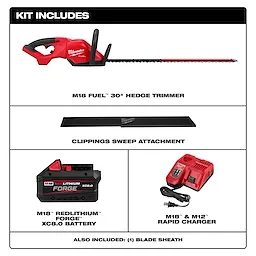 Image showing the components included in the M18 FUEL™ 30" Hedge Trimmer kit: the trimmer itself, a clippings sweep attachment, a M18™ REDLITHIUM™ FORGE™ XC8.0 battery, a M18™ & M12™ rapid charger, and a blade sheath.