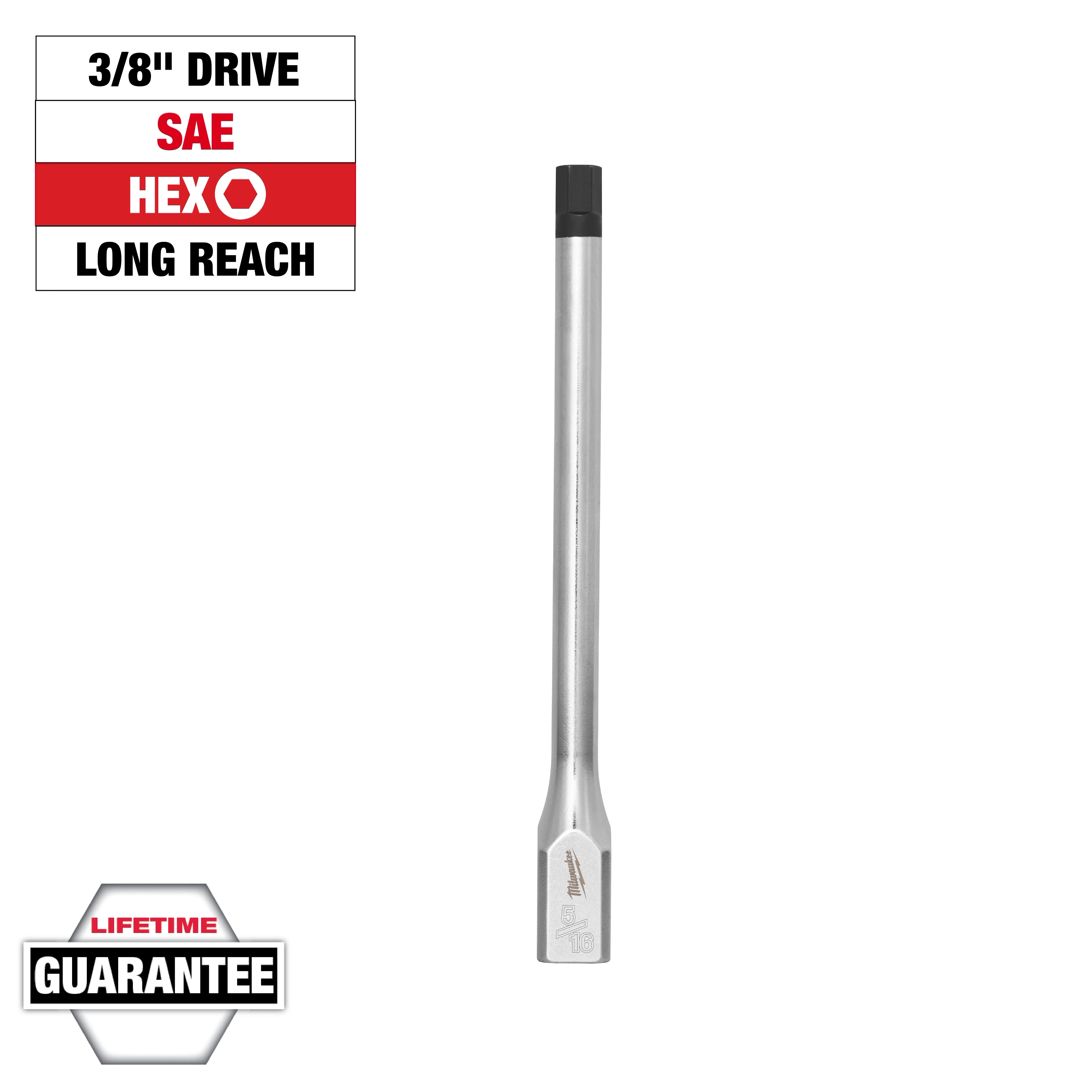 3/8" Drive 5/16" Long Hex Bit Socket with a long reach and SAE hex drive. Includes a lifetime guarantee and is displayed vertically.