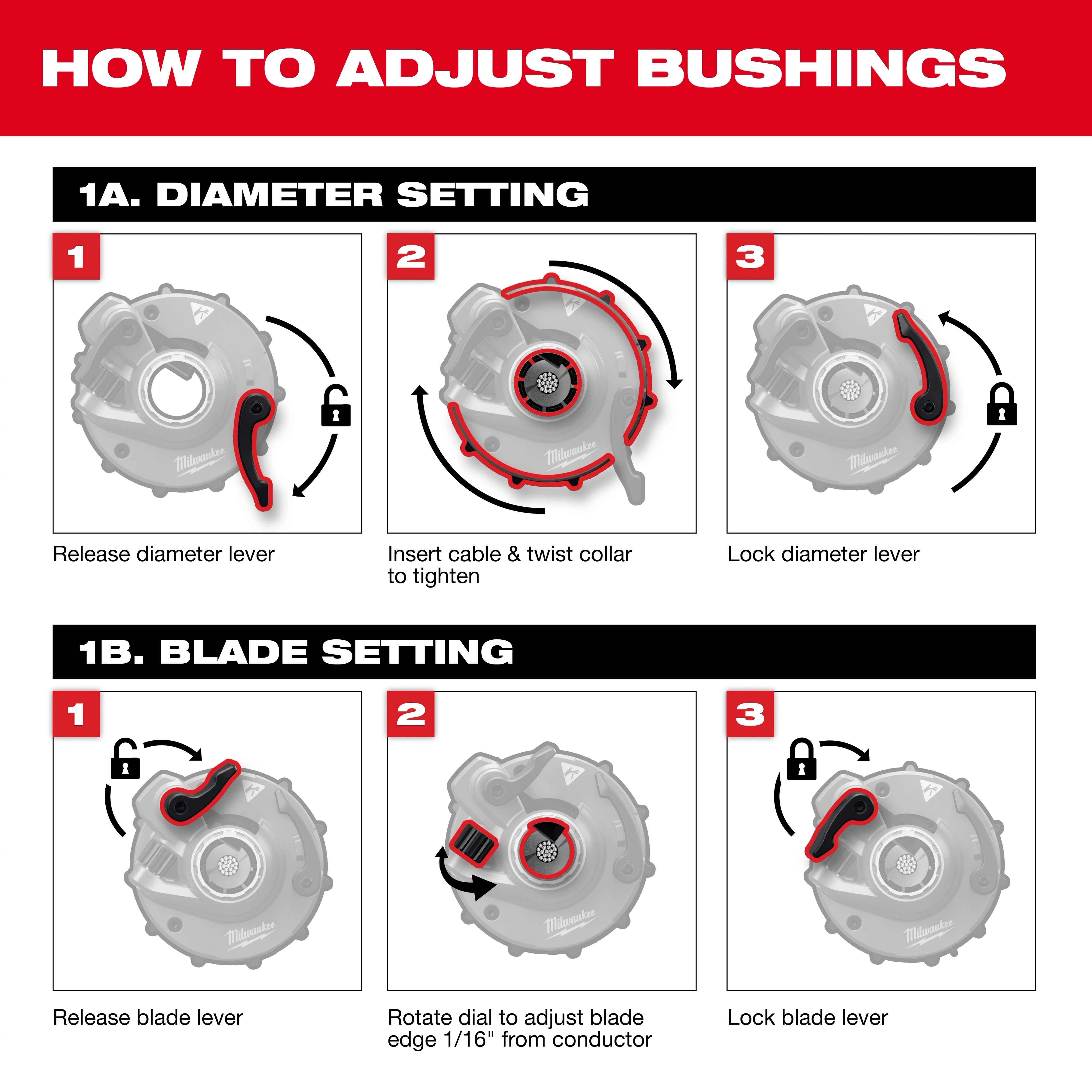 Instructions for adjusting bushings on the M18 FUEL™ Covered Conductor Cable Stripper Kit w/ Adjustable Bushings. Two sections: Diameter Setting and Blade Setting, each with three steps. Steps include releasing lever, making adjustments, and locking lever. Diagrams and directional arrows aid understanding.