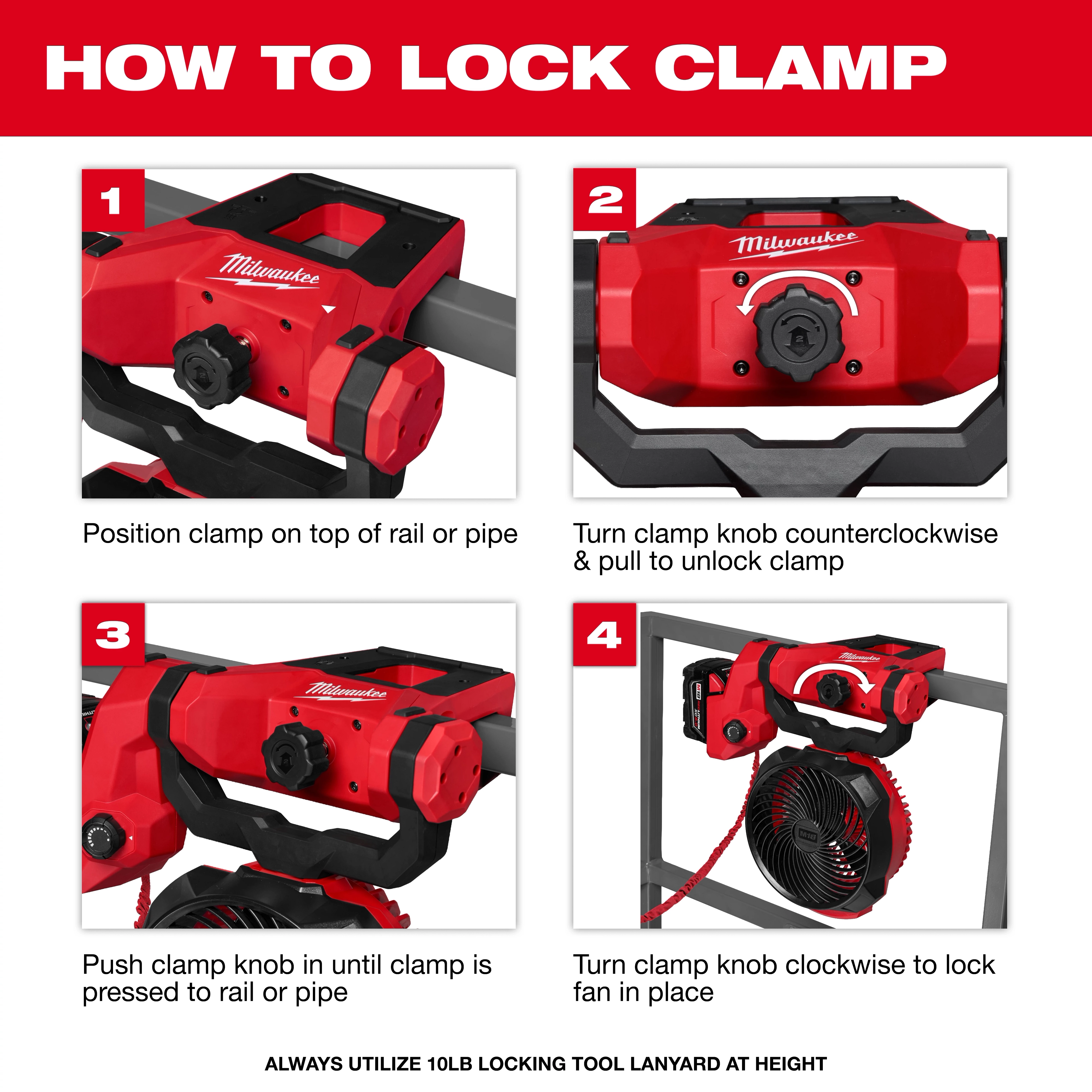 Instructional image showing how to lock the clamp for the M18 Brushless Scissor Lift Fan in four steps, including positioning and tightening.