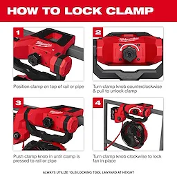 Instructional image showing how to lock the clamp for the M18 Brushless Scissor Lift Fan in four steps, including positioning and tightening.