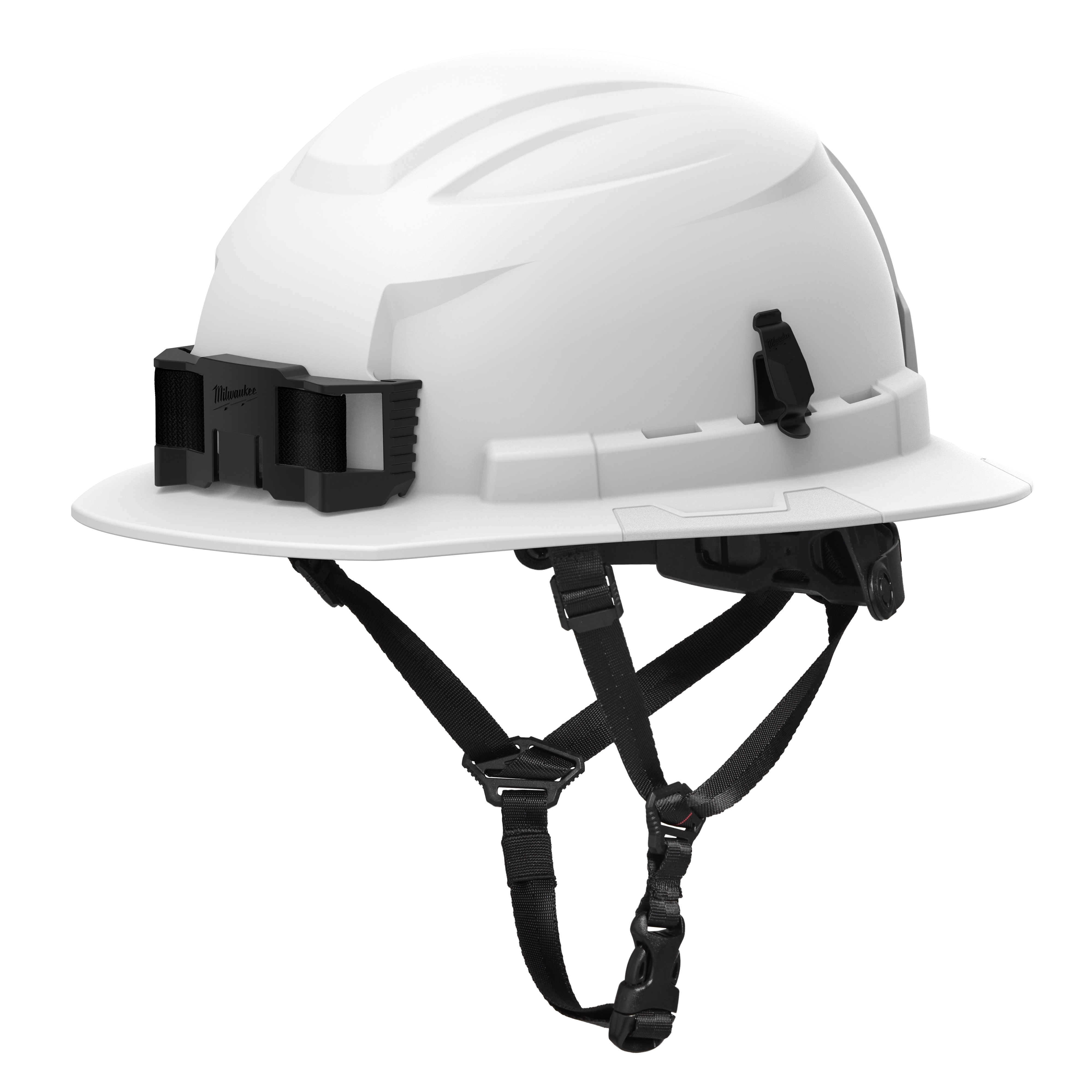 The BOLT™ White Full Brim Safety Helmet features a Type 2, Class E design with a 4-point ratcheting suspension system. It provides superior protection and comfort for construction and industrial environments. The helmet includes an adjustable chin strap and accessory slots for customization.