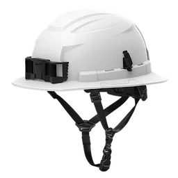 The BOLT™ White Full Brim Safety Helmet features a Type 2, Class E design with a 4-point ratcheting suspension system. It provides superior protection and comfort for construction and industrial environments. The helmet includes an adjustable chin strap and accessory slots for customization.