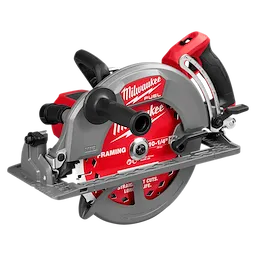 Milwaukee M18 FUEL 10-1/4" Rear Handle Circular Saw with red and gray body, ergonomic grip, and blade cover for enhanced safety.