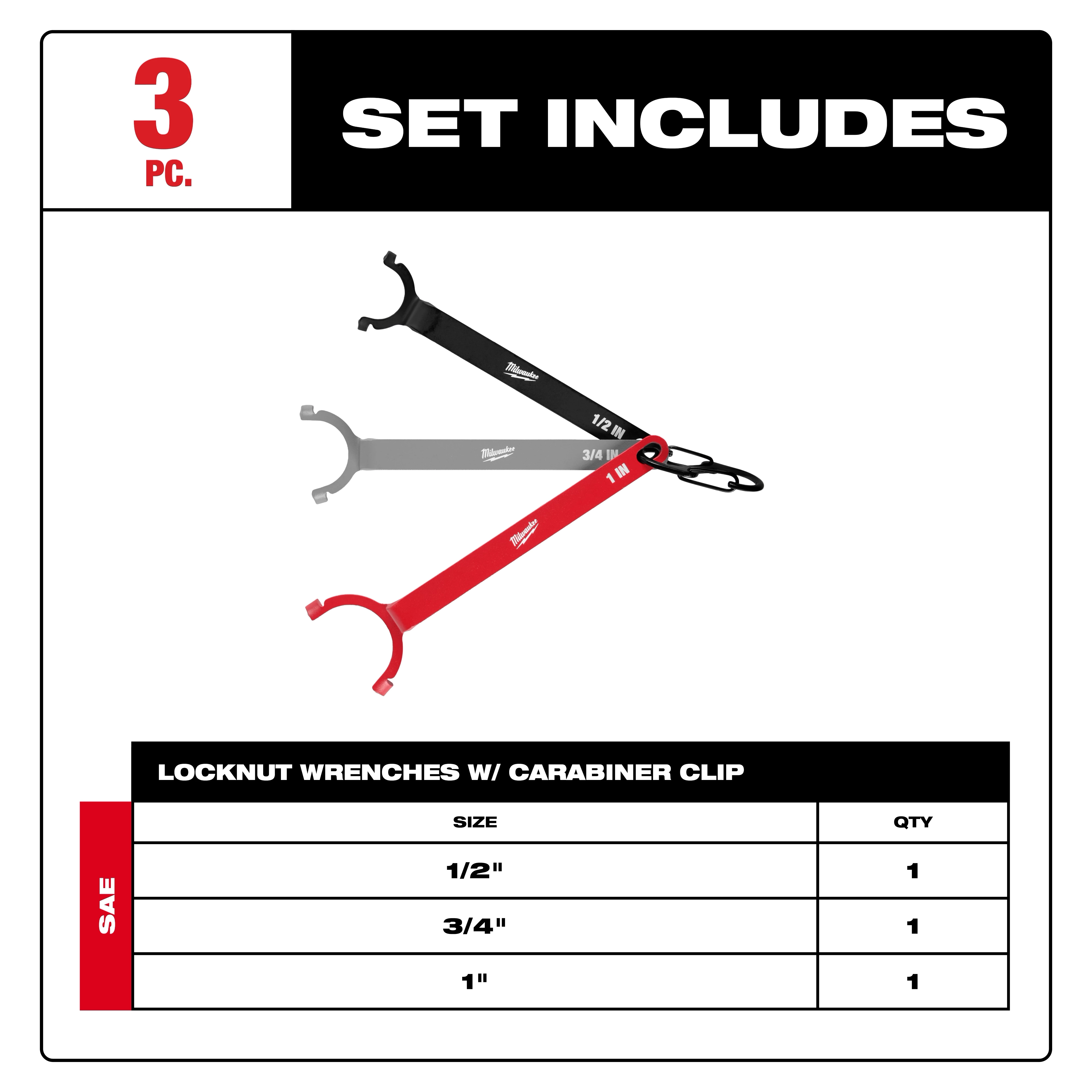 The image shows the 3 PC. Locknut Wrench Set which includes wrenches for locknuts in sizes 1/2", 3/4", and 1". The graphic features a circular locknut with multiple notches, accompanied by the text "LOCKNUTS 1/2", 3/4", & 1'" below it.
