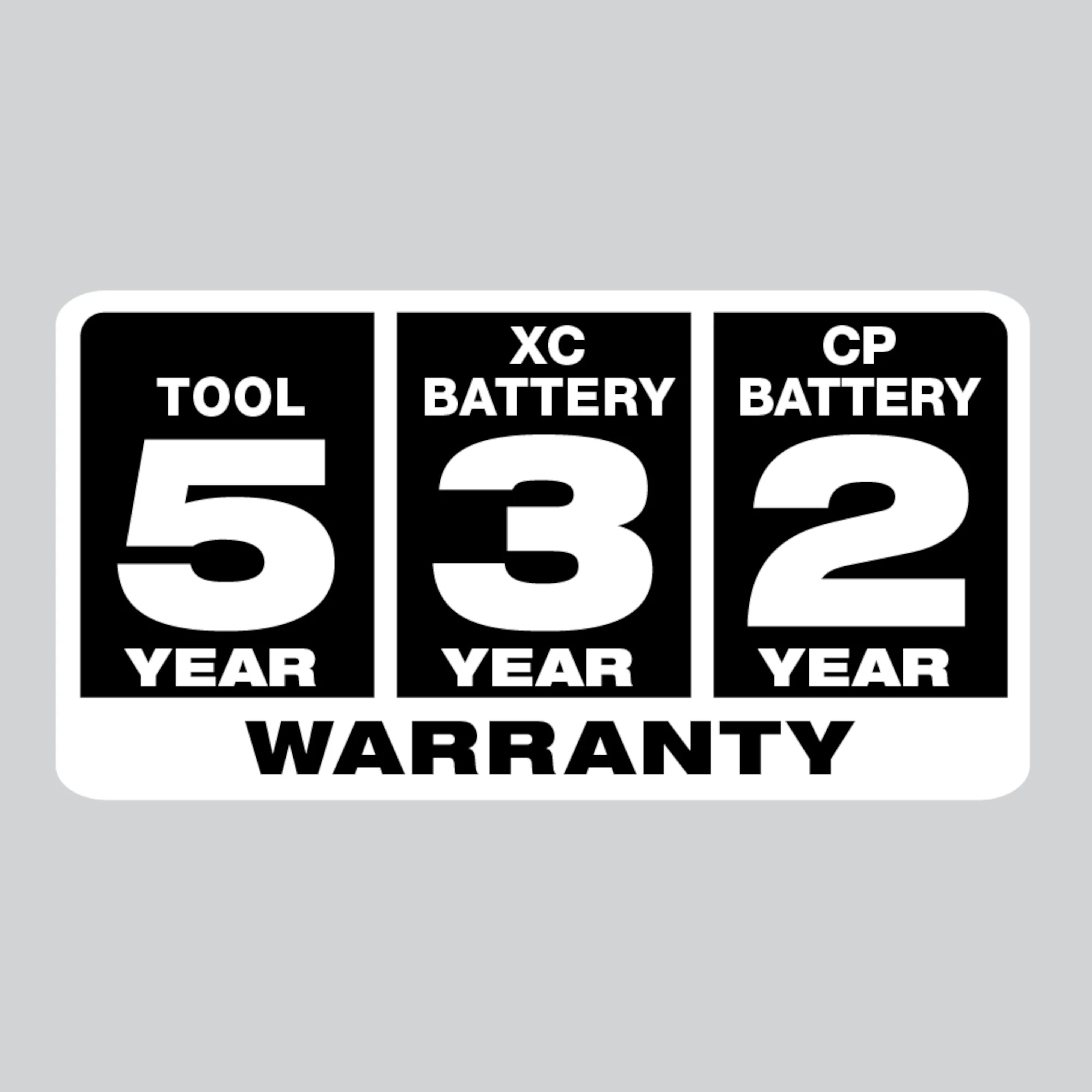 5 year tool, 3 year XC battery, 2 year CP battery warranty logo