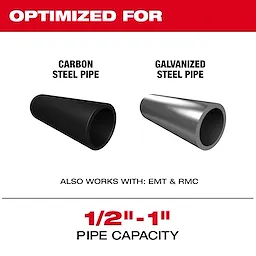 The product image shows two types of pipes: carbon steel and galvanized steel. The image notes that the product works with EMT and RMC and has a pipe capacity of 1/2" to 1". The heading reads "OPTIMIZED FOR" in red and white text.