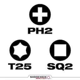 This image displays three different screwdriver tip types for the SHOCKWAVE™ product line: PH2 (Phillips), T25 (Torx), and SQ2 (Square). Each tip type is represented with its respective symbol and name below it.