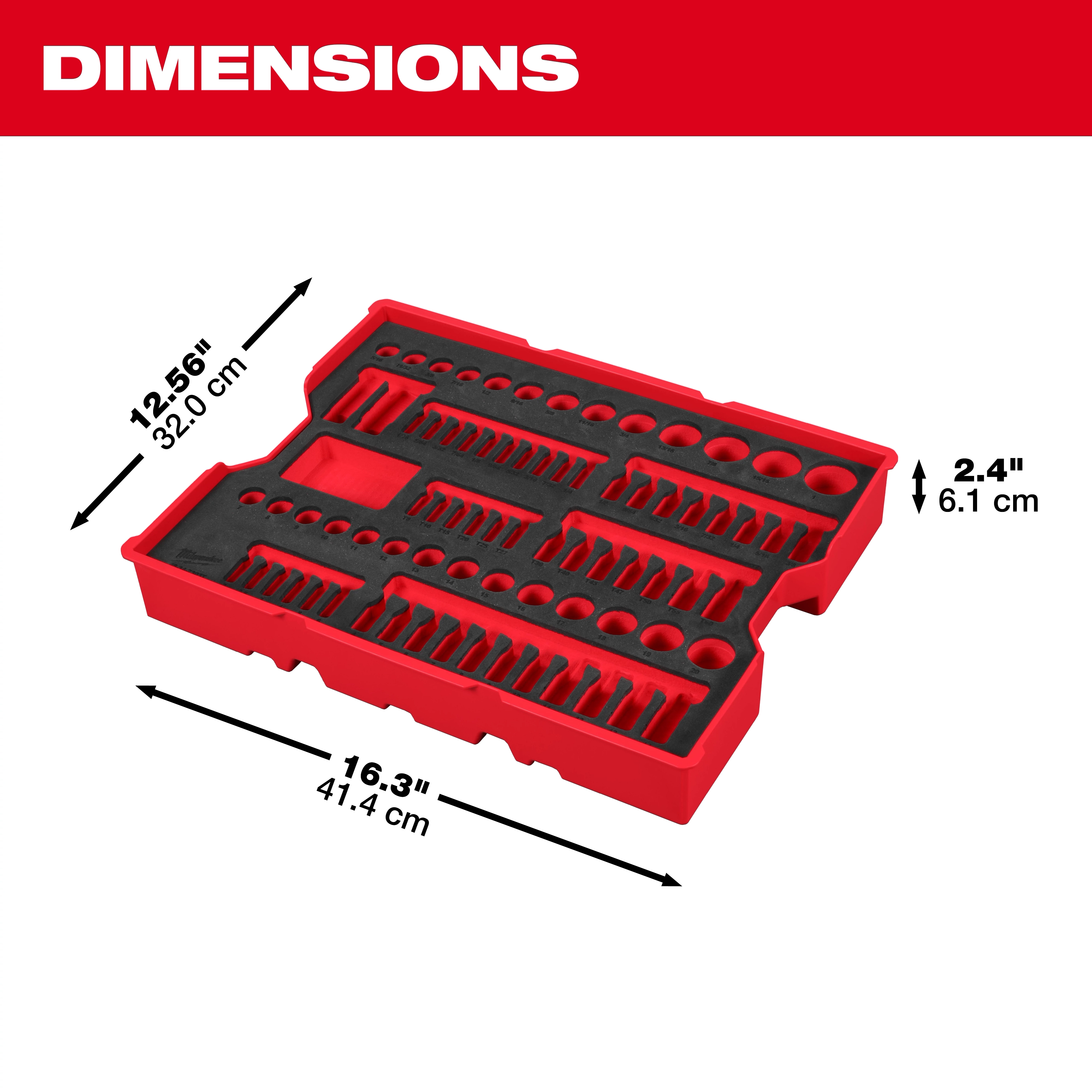 77 pc. 1/4” & 3/8” Drive Metric, SAE, & Torx Socket Set with Tray for PACKOUT Drawers shown with dimensions.
