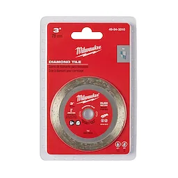 Milwaukee 3" Diamond Tile Cut-Off Blade in red packaging. It is a circular blade for cutting tile, with a maximum RPM of 20,000.