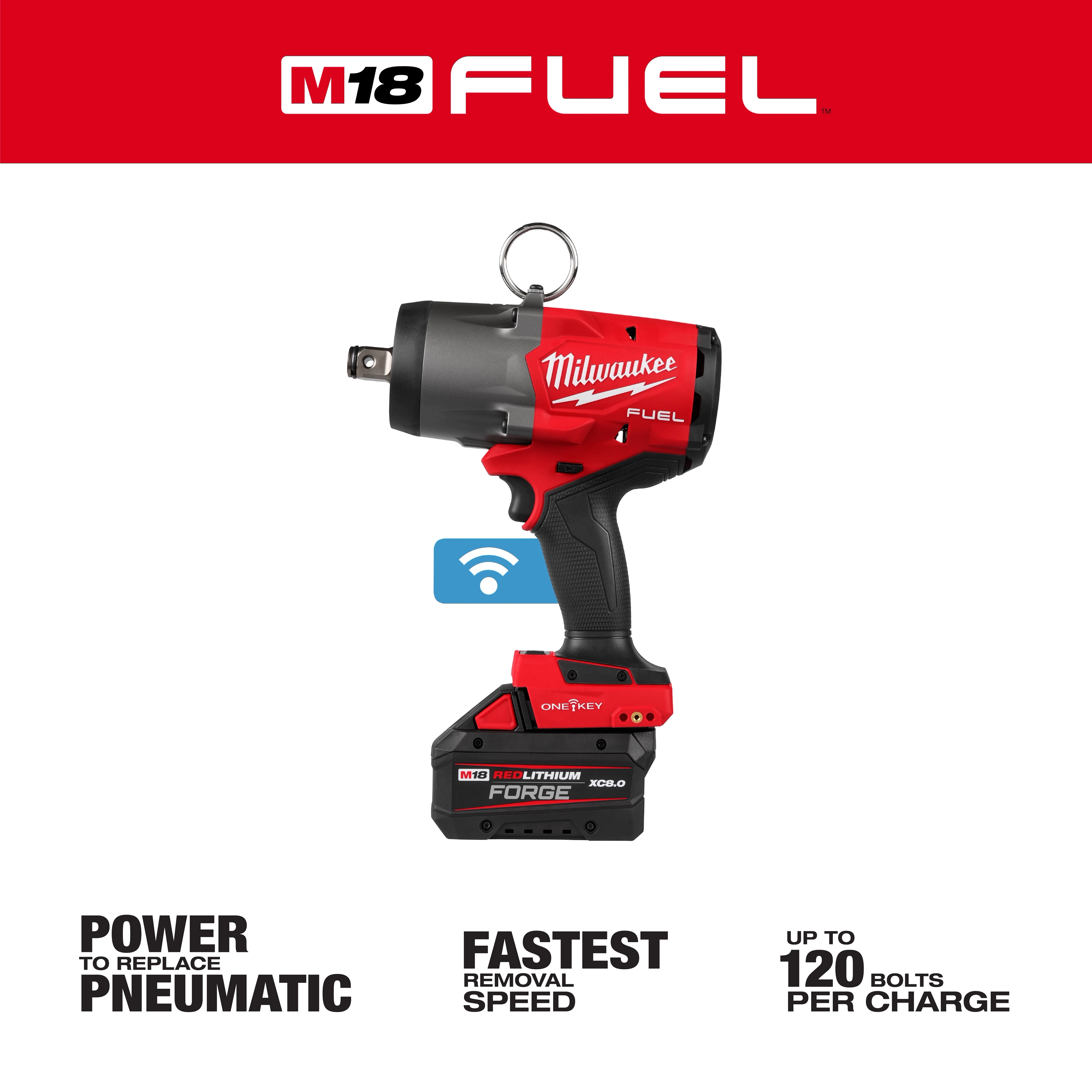 M18 FUEL 3/4" High Torque Impact Wrench w/ ONE-KEY Kit standing upright on its battery pack.