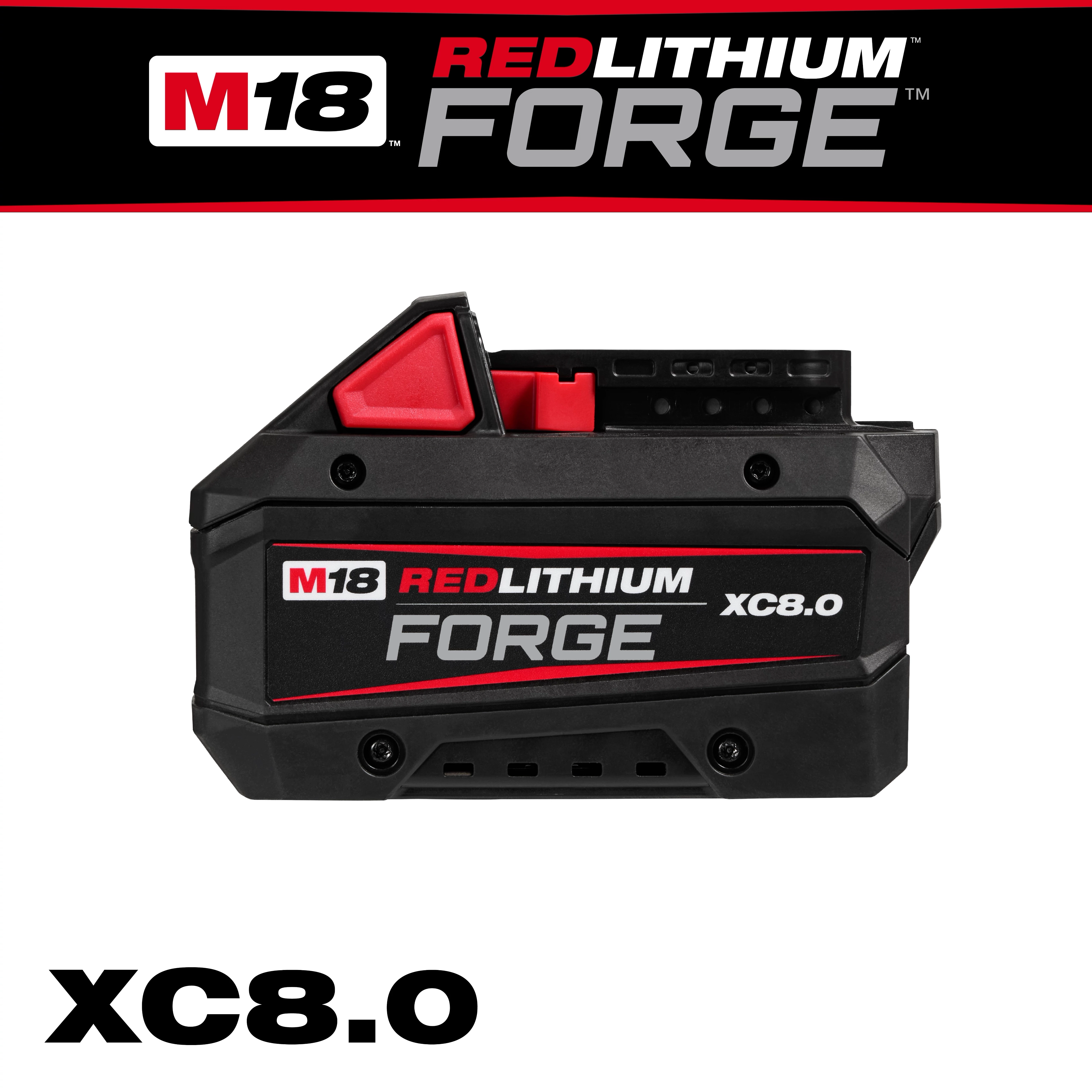 M18 REDLITHIUM FORGE XC8.0 Battery Pack is a black and red high-capacity power tool battery with a red release button.