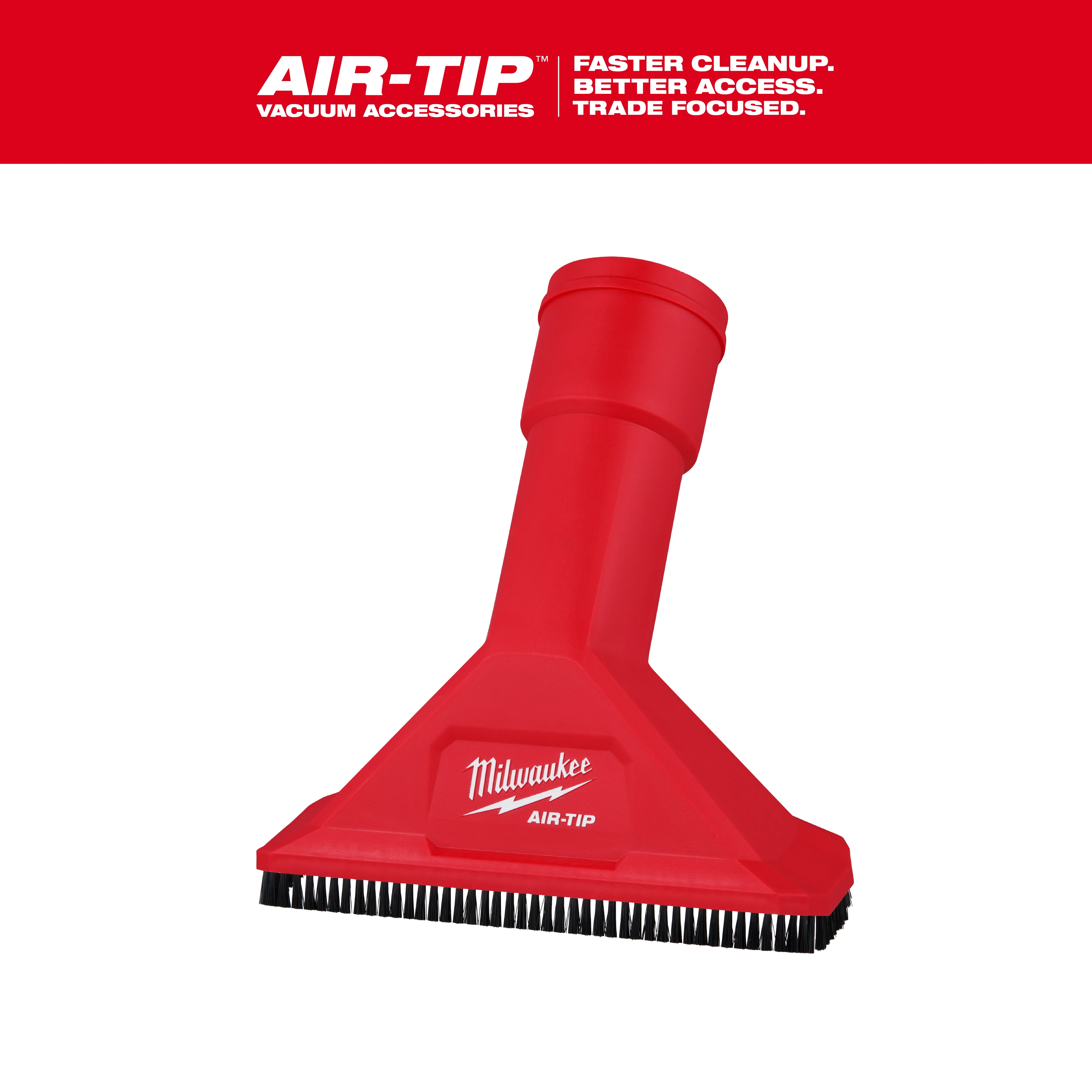 The image shows the AIR-TIP™ 2-1/2" Rocking Utility Nozzle w/ Brushes, a red vacuum attachment from Milwaukee. It features a wide mouth with integrated brushes at the bottom, below the text "Milwaukee AIR-TIP." The background is white with a red banner at the top.