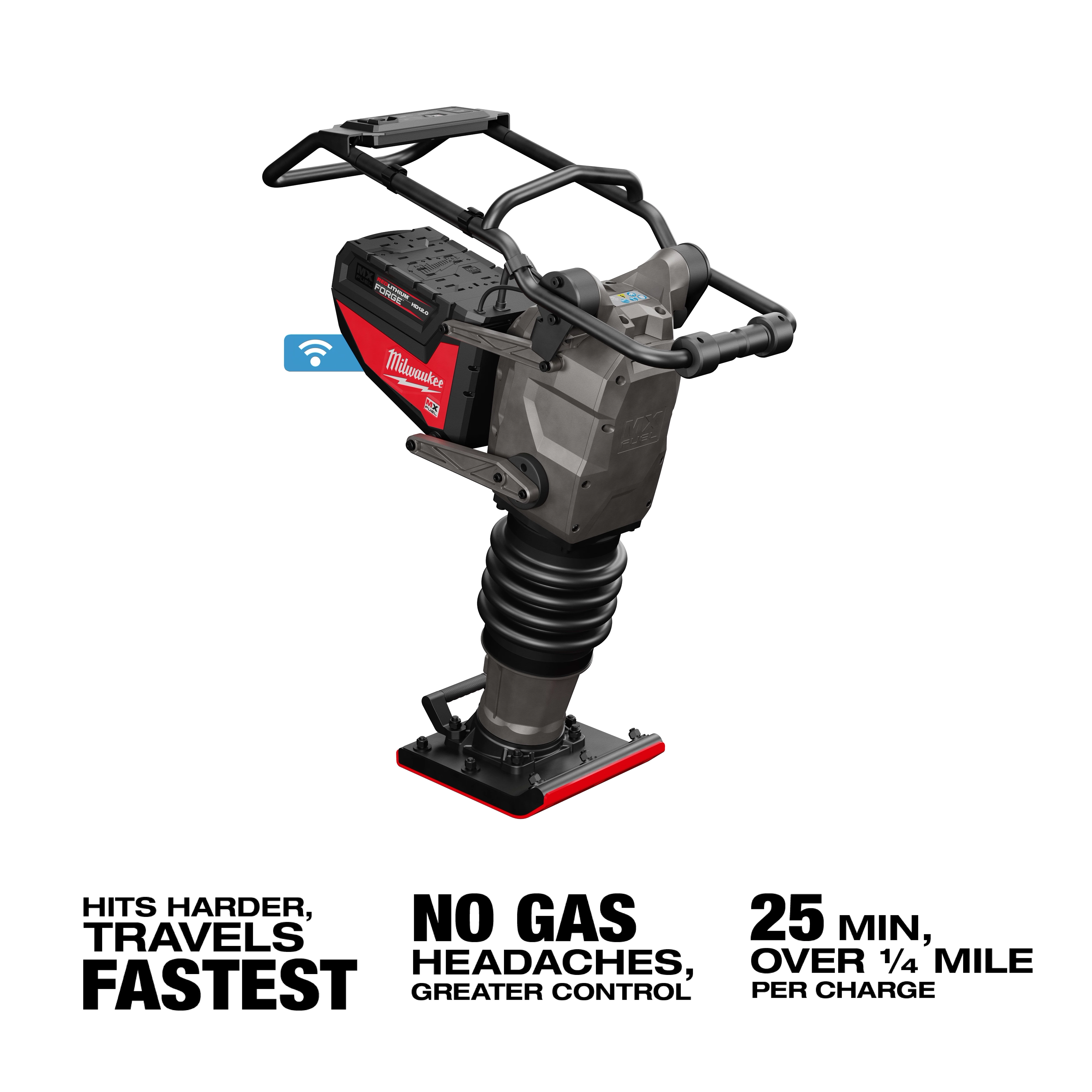 The image shows an MX FUEL™ 70 kg Rammer. It's a heavy-duty construction tool with a sturdy base and handles. The image includes text noting features like hitting harder, no gas headaches, and a 25-minute runtime per charge.