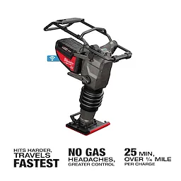 The image shows an MX FUEL™ 70 kg Rammer. It's a heavy-duty construction tool with a sturdy base and handles. The image includes text noting features like hitting harder, no gas headaches, and a 25-minute runtime per charge.