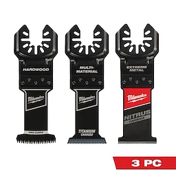 The OPEN-LOK™ 3 PC Oscillating Multi-Tool Blade Set includes three distinct blades: one for hardwood, one for multi-material, and one for extreme metal. The blades are optimized for durability and precision, featuring Milwaukee branding and material specifications on each blade.