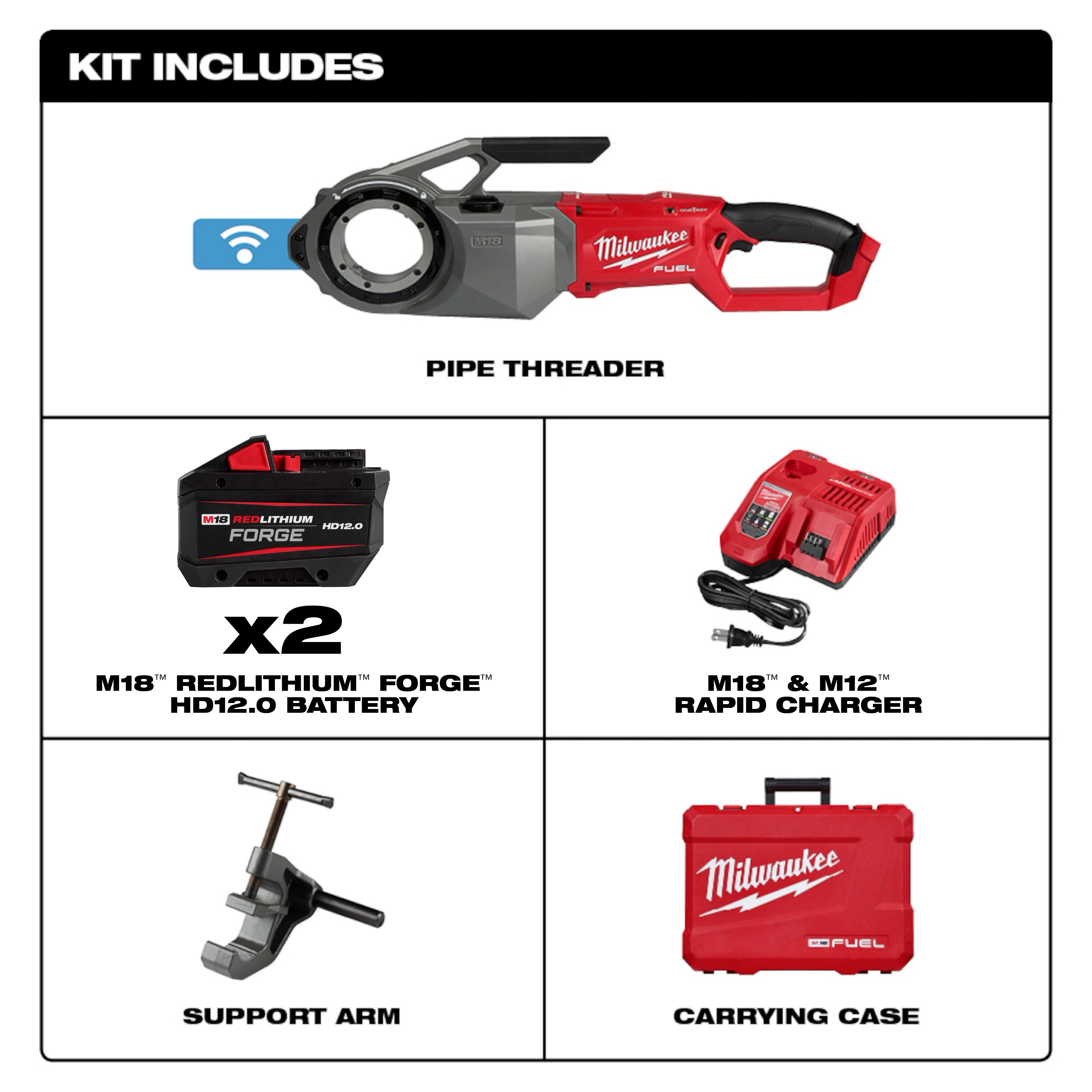The M18 FUEL™ Pipe Threader w/ ONE-KEY™ kit includes a pipe threader, two M18™ REDLITHIUM™ FORGE™ HD12.0 batteries, an M18™ & M12™ rapid charger, a support arm, and a carrying case.