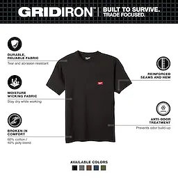 GRIDIRON Pocket T-Shirt - Short Sleeve in black, featuring durable fabric, moisture-wicking, reinforced seams, anti-odor treatment, and comfort blend. Available in five colors.