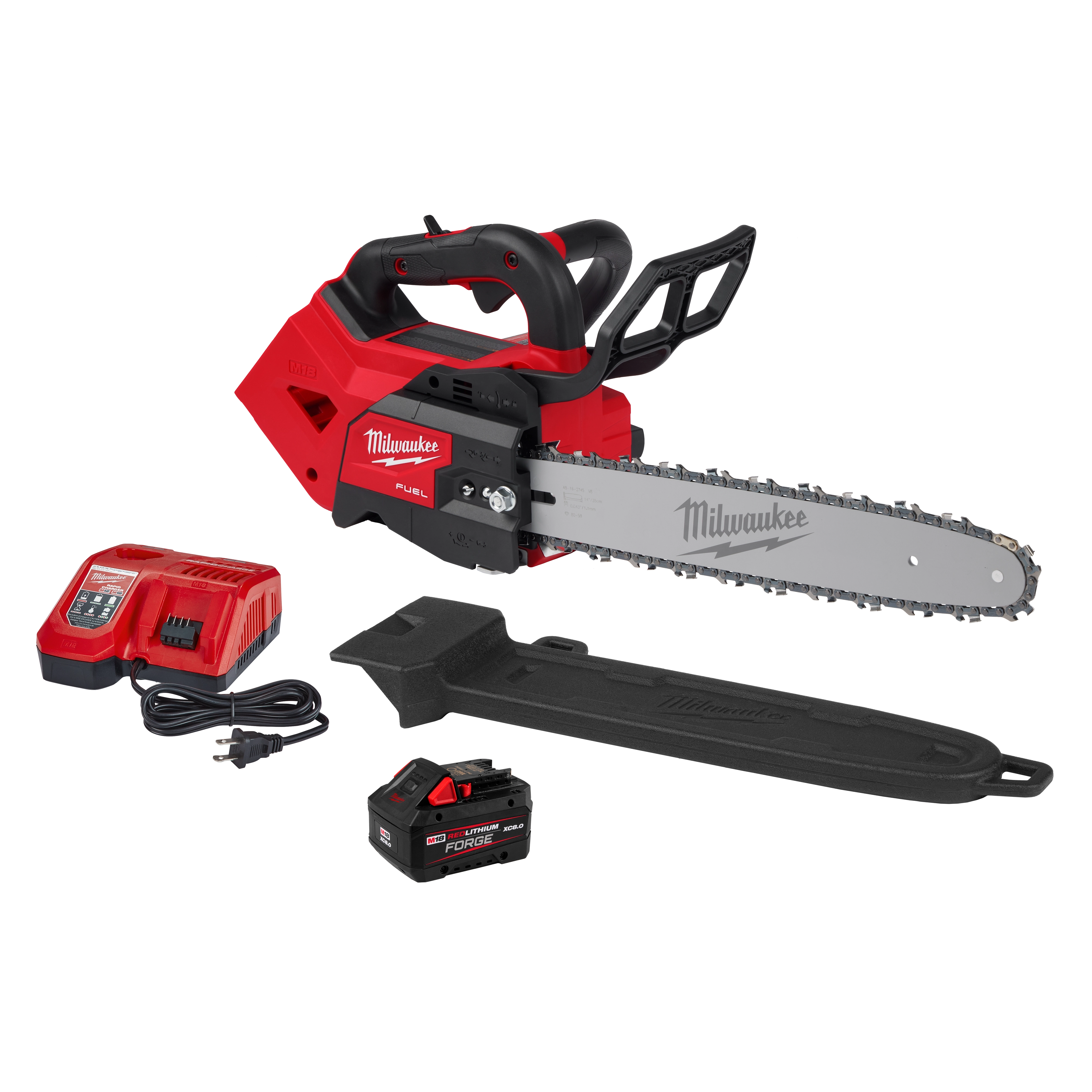 Milwaukee cordless chainsaw with battery, charger, and blade guard on display.