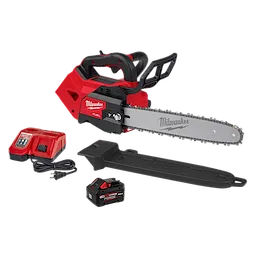 Milwaukee cordless chainsaw with battery, charger, and blade guard on display.