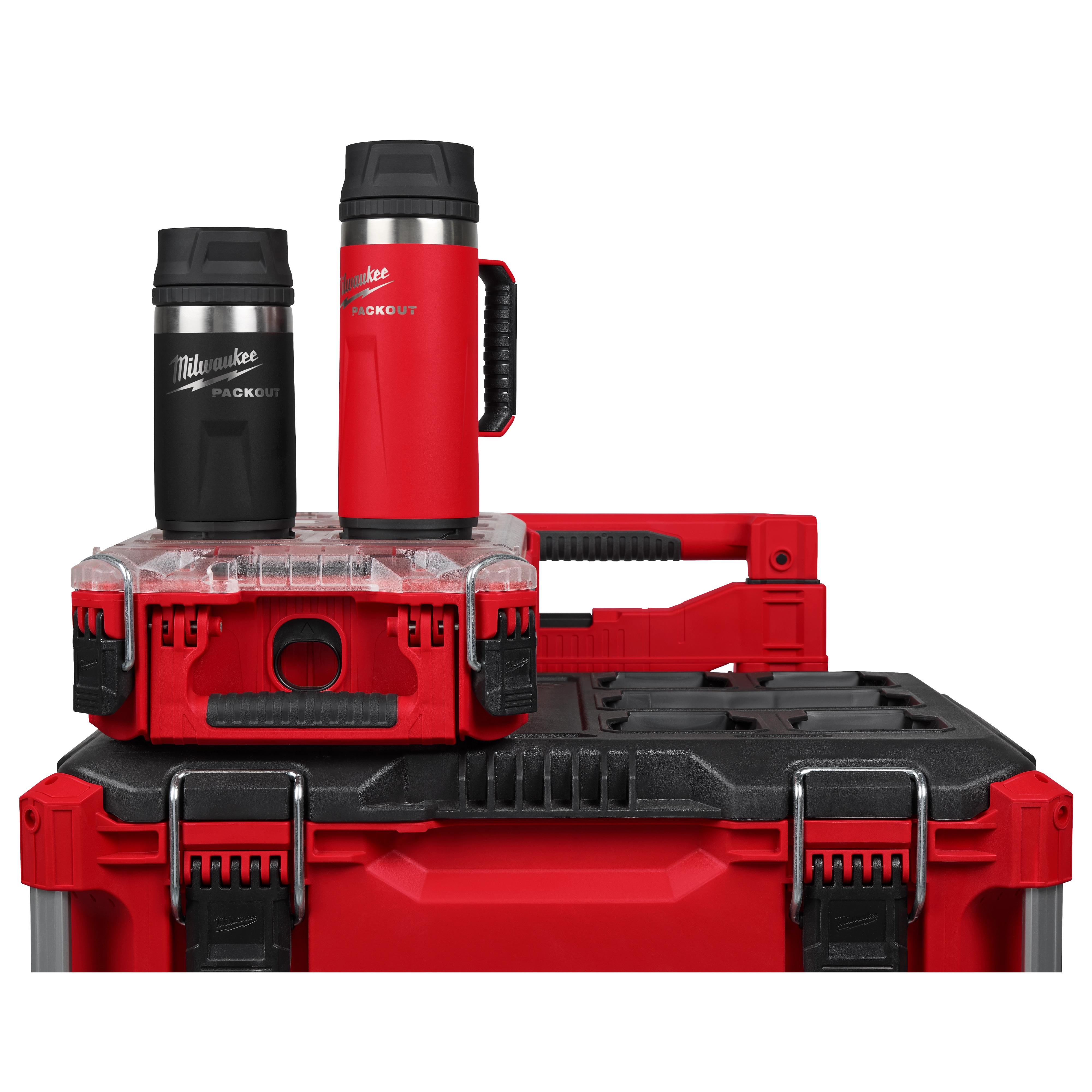 Black and red PACKOUT 12oz Insulated Bottles with Sip Lids are placed on red and black PACKOUT storage boxes.