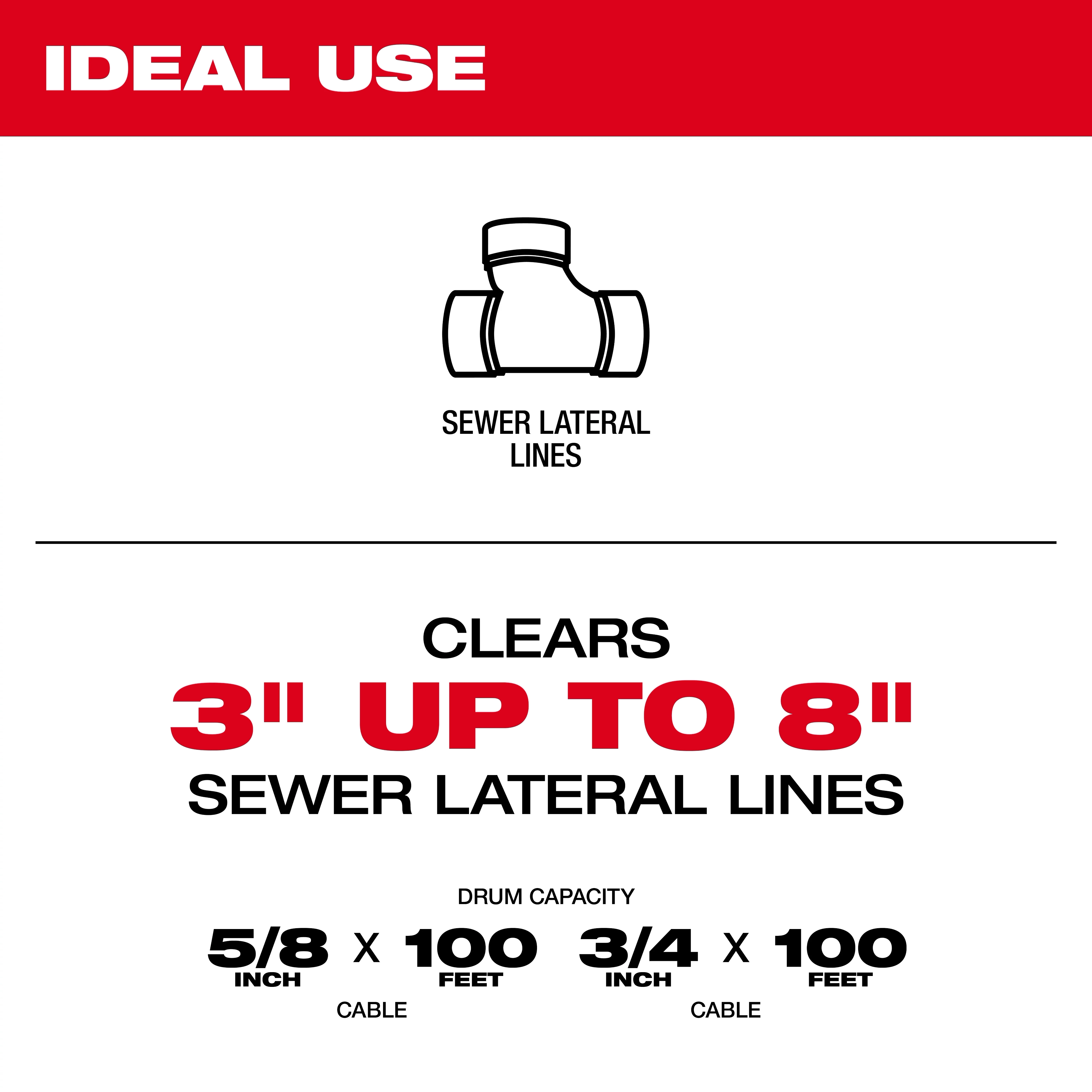 Milwaukee Drum Cable is ideal for clearing sewer lateral lines from 3 to 8 inches in diameter. The drum capacity supports 5/8 inch by 100 feet and 3/4 inch by 100 feet cable sizes.