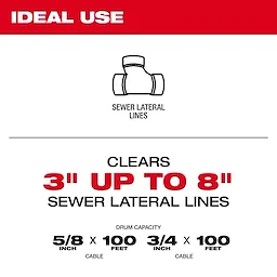 Milwaukee Drum Cable is ideal for clearing sewer lateral lines from 3 to 8 inches in diameter. The drum capacity supports 5/8 inch by 100 feet and 3/4 inch by 100 feet cable sizes.