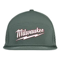 Flat Brim Snapback hat in dark gray with the Milwaukee logo in red and white on the front.