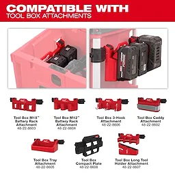 The image shows the PACKOUT™ Rolling Drawer Tool Box and its compatible attachments, including M18™ and M12™ Battery Rack Attachments, 3-Hook Attachment, Caddy Attachment, Tray Attachment, Compact Plate, and Long Tool Holder Attachment, highlighting their tool organization and storage capabilities.