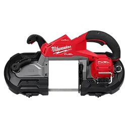 The image shows an M18 FUEL™ Deep Cut Dual Trigger Band Saw w/ ONE-KEY™. It is a red and black power tool with an ergonomic handle, designed for precise cutting. The brand "Milwaukee" is prominently displayed on the red housing.
