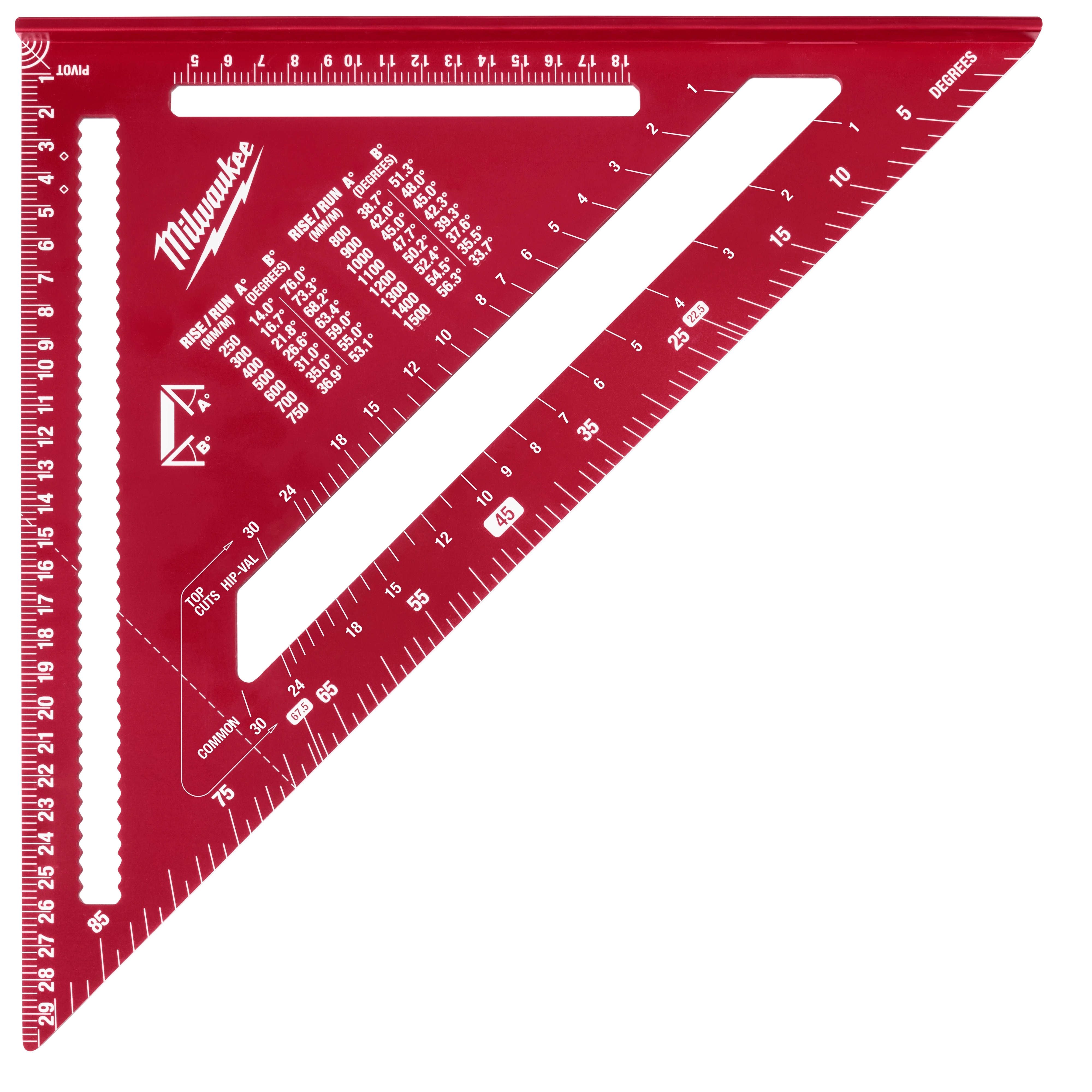 The image shows a 300mm Rafter Square by Milwaukee, colored red, with measurement markings and conversion tables on its surface. It is a triangular tool used widely in carpentry for measuring and marking angles and lengths.