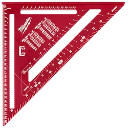 The image shows a 300mm Rafter Square by Milwaukee, colored red, with measurement markings and conversion tables on its surface. It is a triangular tool used widely in carpentry for measuring and marking angles and lengths.