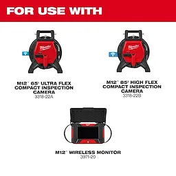 Three Milwaukee tools are displayed: M12™ 65' Ultra Flex Compact Inspection Camera (3318-22A), M12™ 85' High Flex Compact Inspection Camera (3318-22B), and the M12™ Wireless Monitor (3971-20). The top of the image reads, "For Use With" in red text.