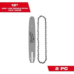 12" .325" Low Profile Pitch, .043" Gauge Saw Chain and Guide Bar Set. Includes a silver guide bar and chain, 2 pieces.