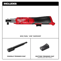 The M12 FUEL 3/8" Ratchet is pictured with a paddle trigger cap and a button trigger cap. The button trigger cap is installed on the tool, while the paddle trigger cap is shown separately.