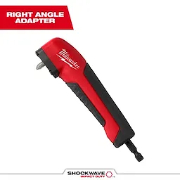 The SHOCKWAVE™ Impact Right Angle Adapter shown is a red and black handheld tool by Milwaukee, designed to improve accessibility in tight spaces. The image features the tool at an angle with its brand name visible. Text at the top reads "Right Angle Adapter" in bold white letters.