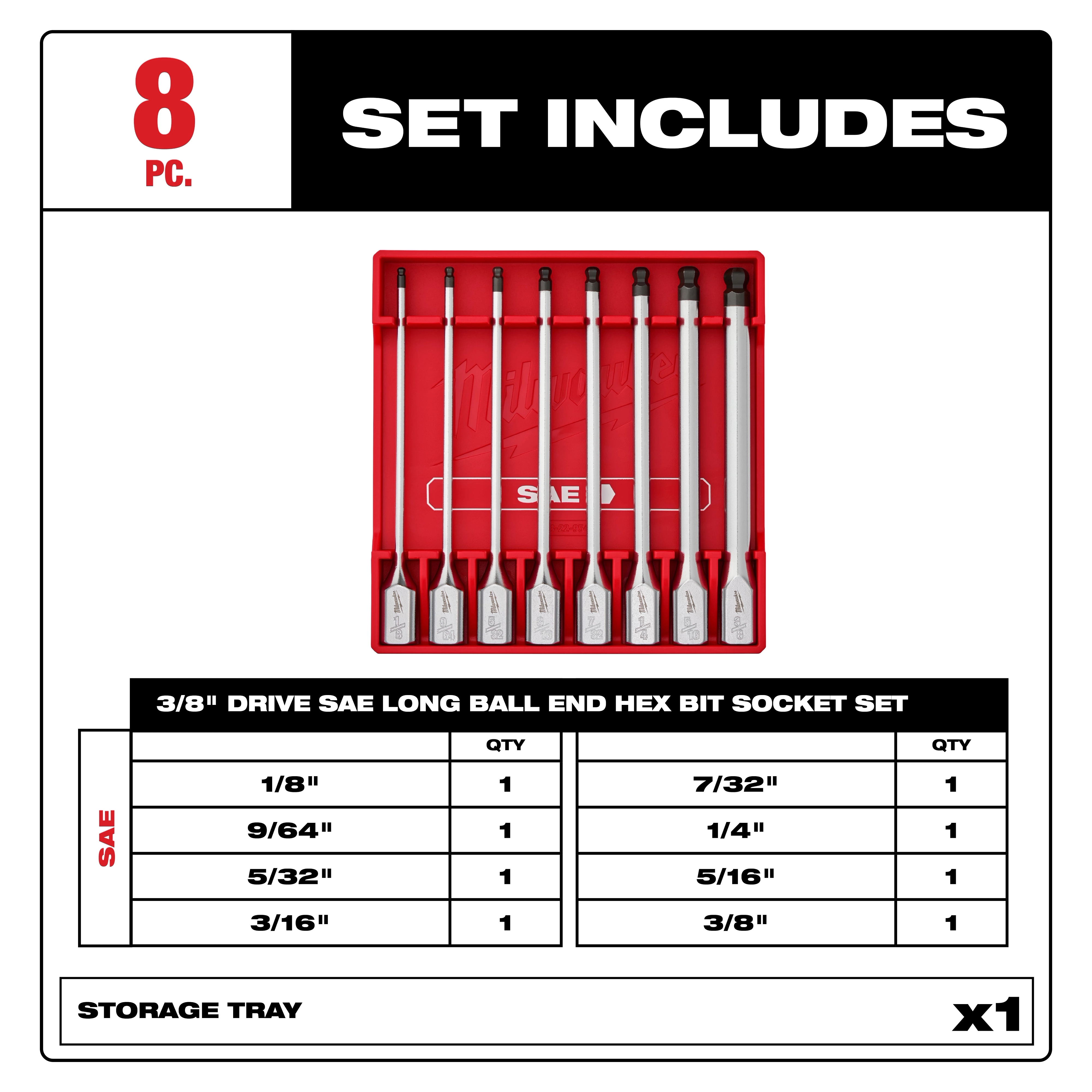 8pc 3/8” Drive Long Ball End Hex Bit Socket Set - SAE. Includes sizes from 1/8” to 3/8” with a red storage tray.