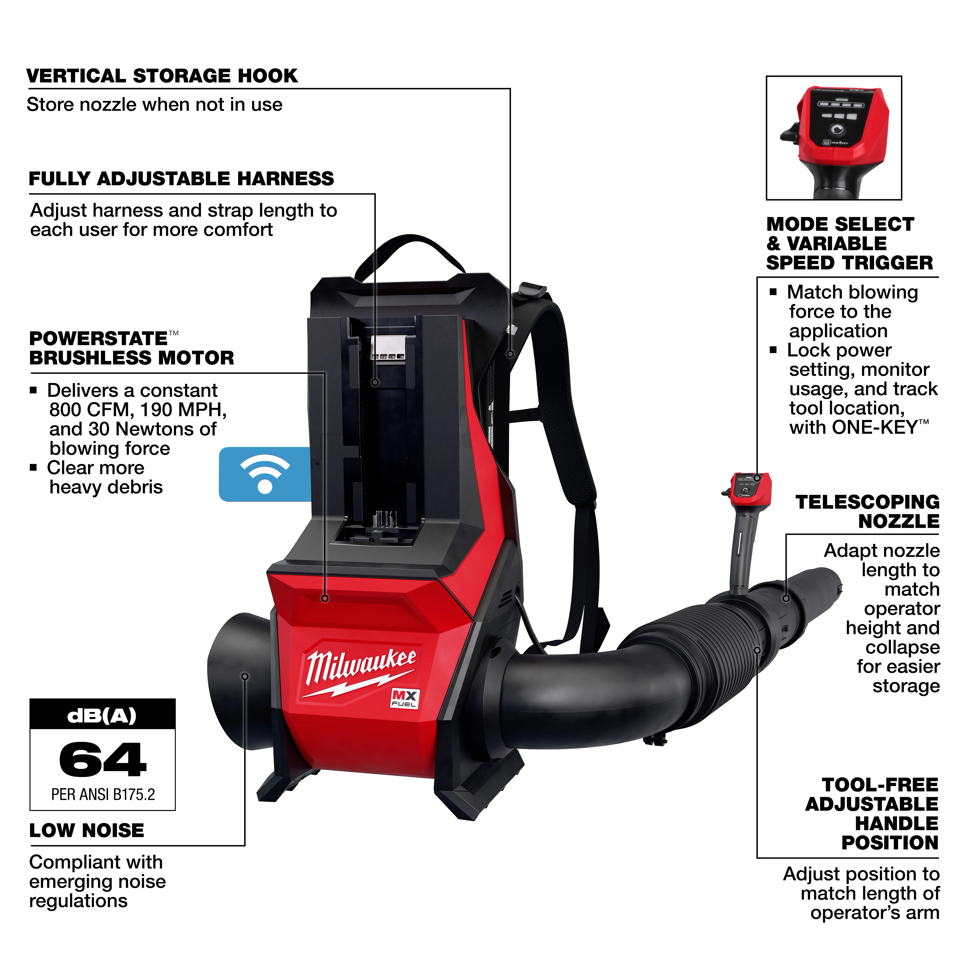 The MX FUEL™ Backpack Blower features a fully adjustable harness, Powerstate™ brushless motor, vertical storage hook, and variable speed trigger. It delivers 800 CFM and 190 MPH performance with a low noise level of 64 dB(A). The handle and telescoping nozzle adjust for comfort and convenience.