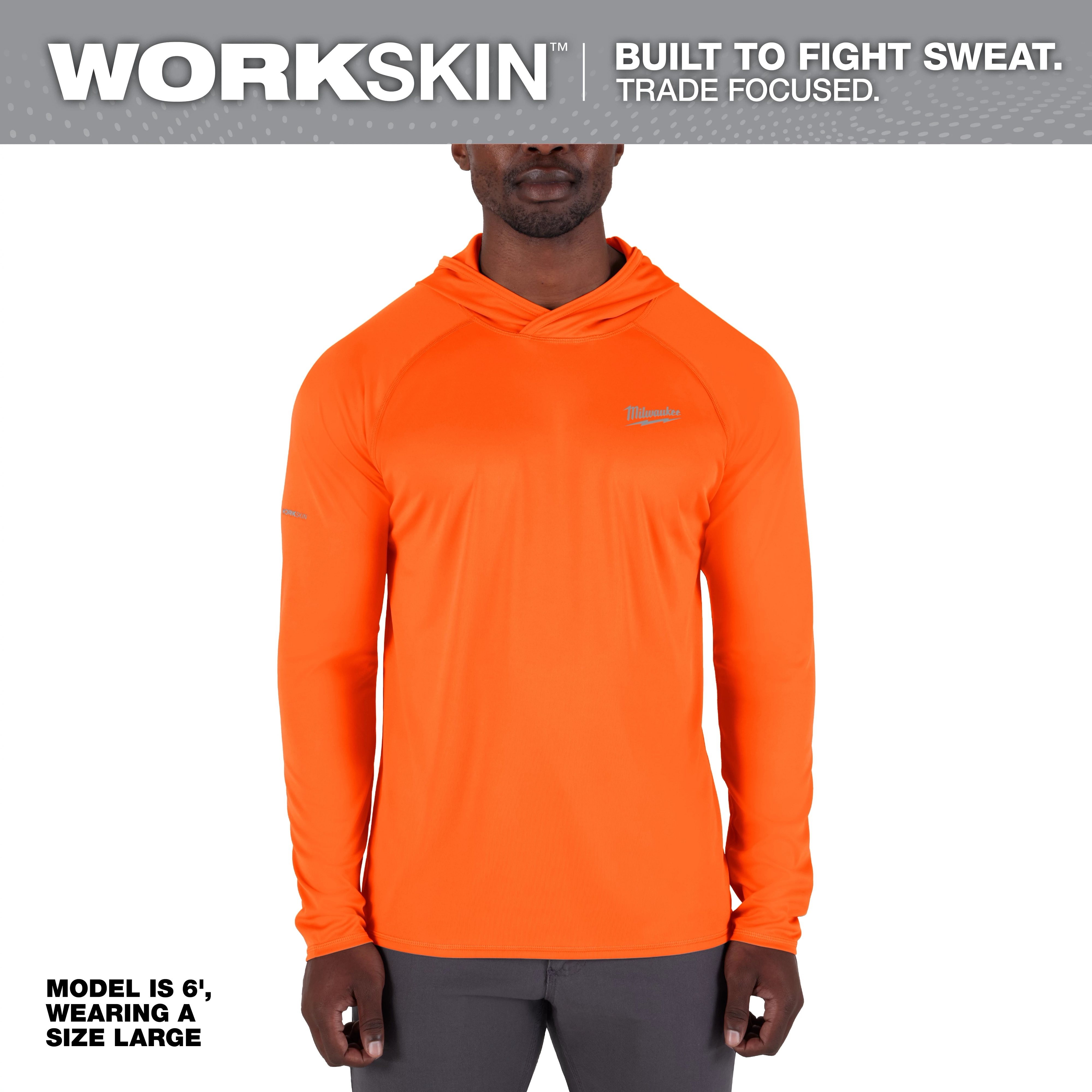 WORKSKIN Hooded Sun Shirt - Orange is a long-sleeve, hooded shirt designed to combat sweat and provide sun protection, ideal for trade professionals.